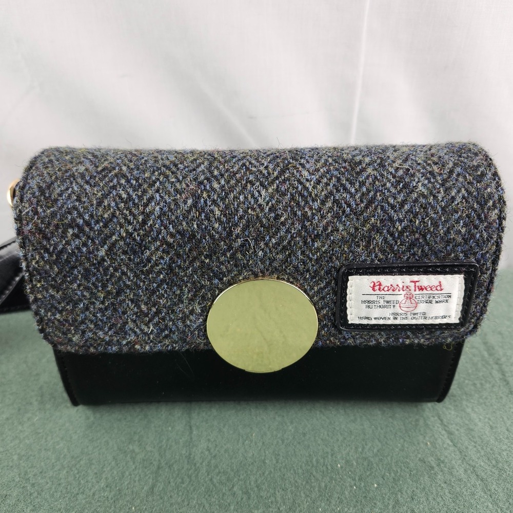 Harris Tweed Crossbody Bag w/ Goldtone Accent Black Leather Snow Paw Herringbone - Picture 2 of 12